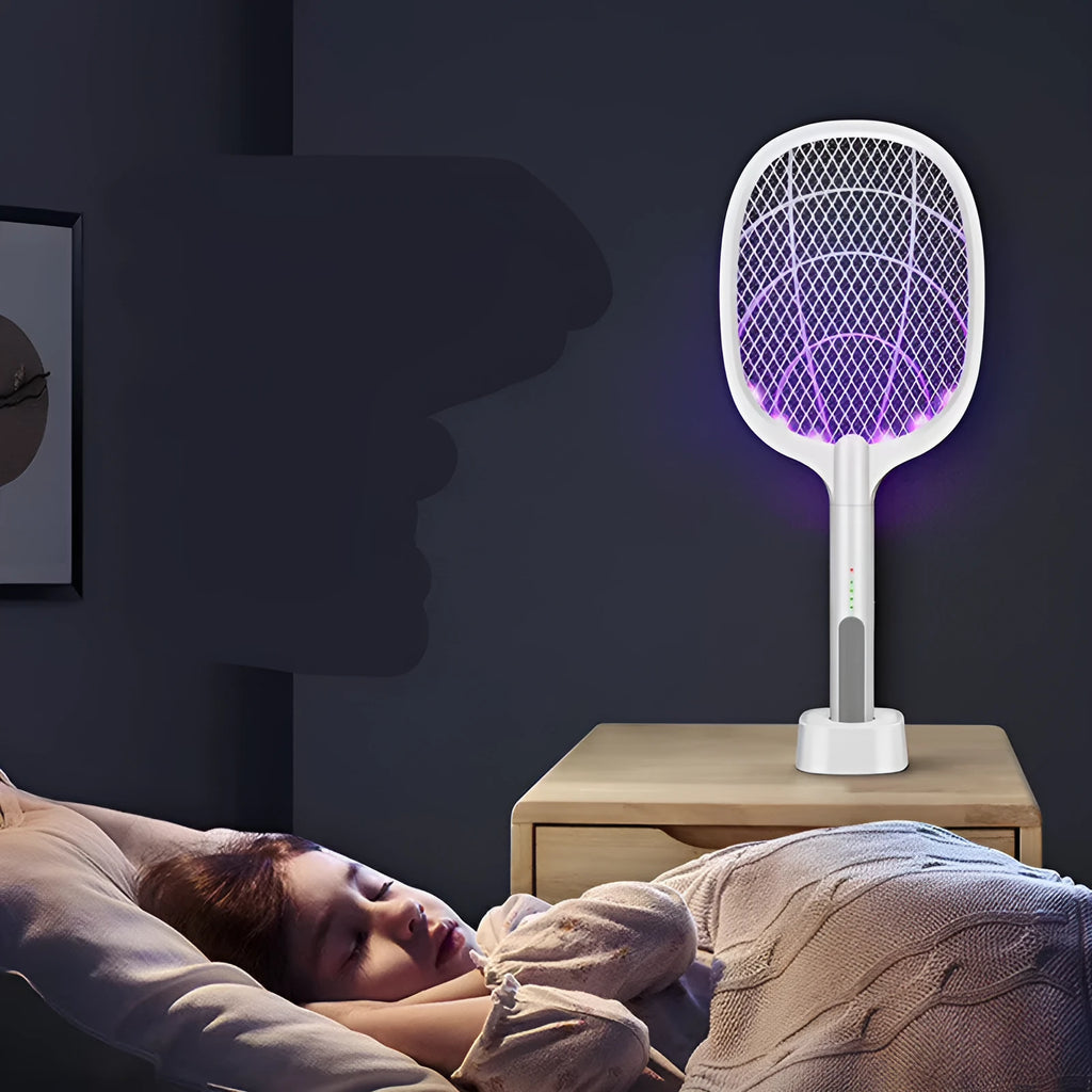 Rechargeable handheld electric mosquito swatter with a safety net, USB charging cable, and charger base.