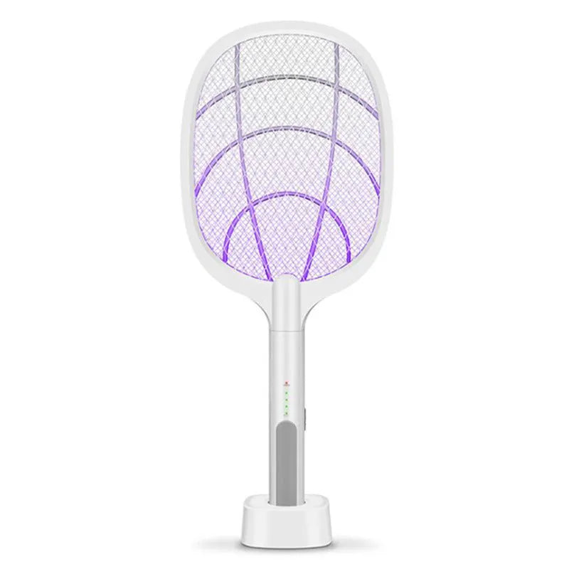Rechargeable handheld electric mosquito swatter with a safety net, USB charging cable, and charger base.