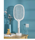Rechargeable handheld electric mosquito swatter with a safety net, USB charging cable, and charger base.