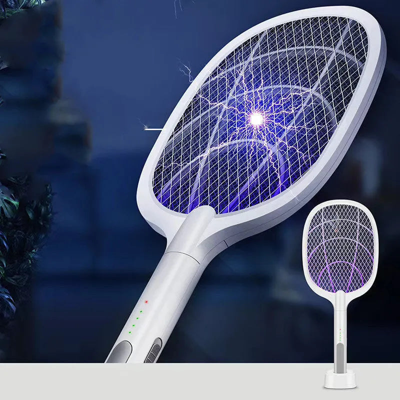 Rechargeable handheld electric mosquito swatter with a safety net, USB charging cable, and charger base.