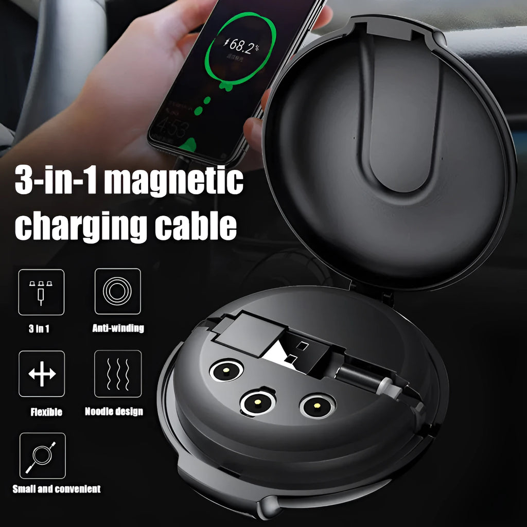 Black 3-in-1 magnetic retractable charger with car mount patch and 1-metre cable