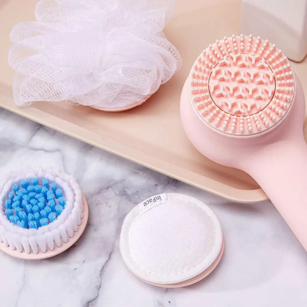 inFace automatic electric shower brush with rotating brush heads in grey or pink colour