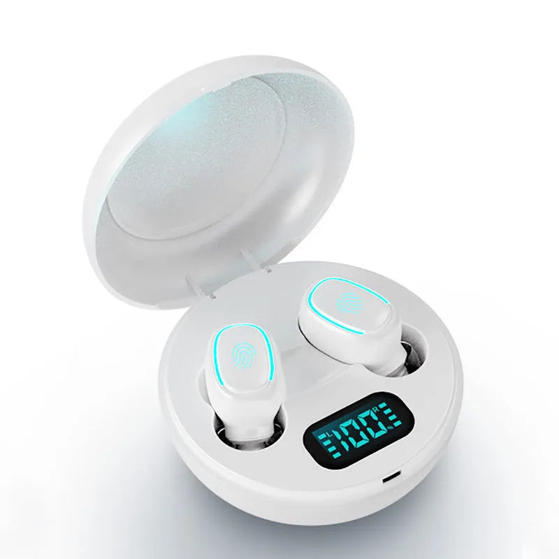 True wireless stereo Bluetooth 5.0 earbuds in white, black, or red colours.