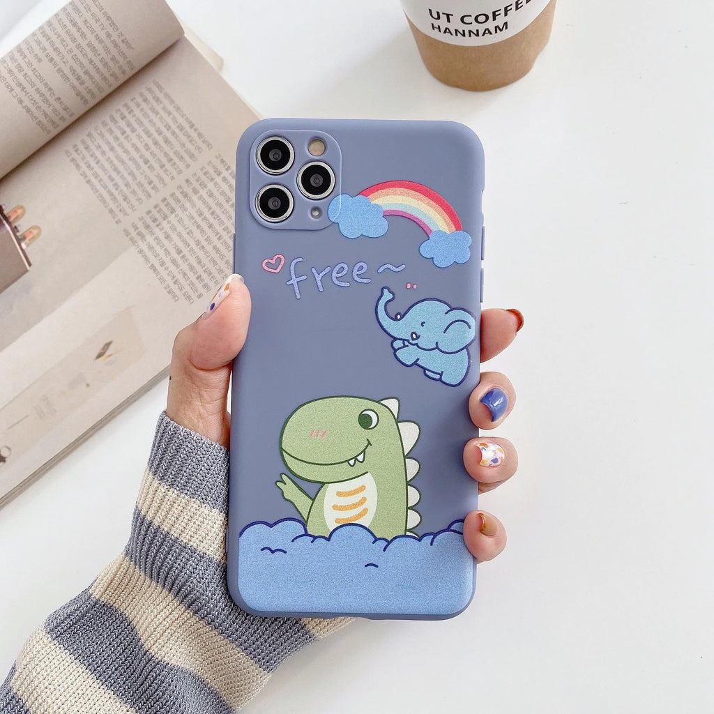 Blue cartoon dinosaur design on a soft TPU silicone case for an iPhone.