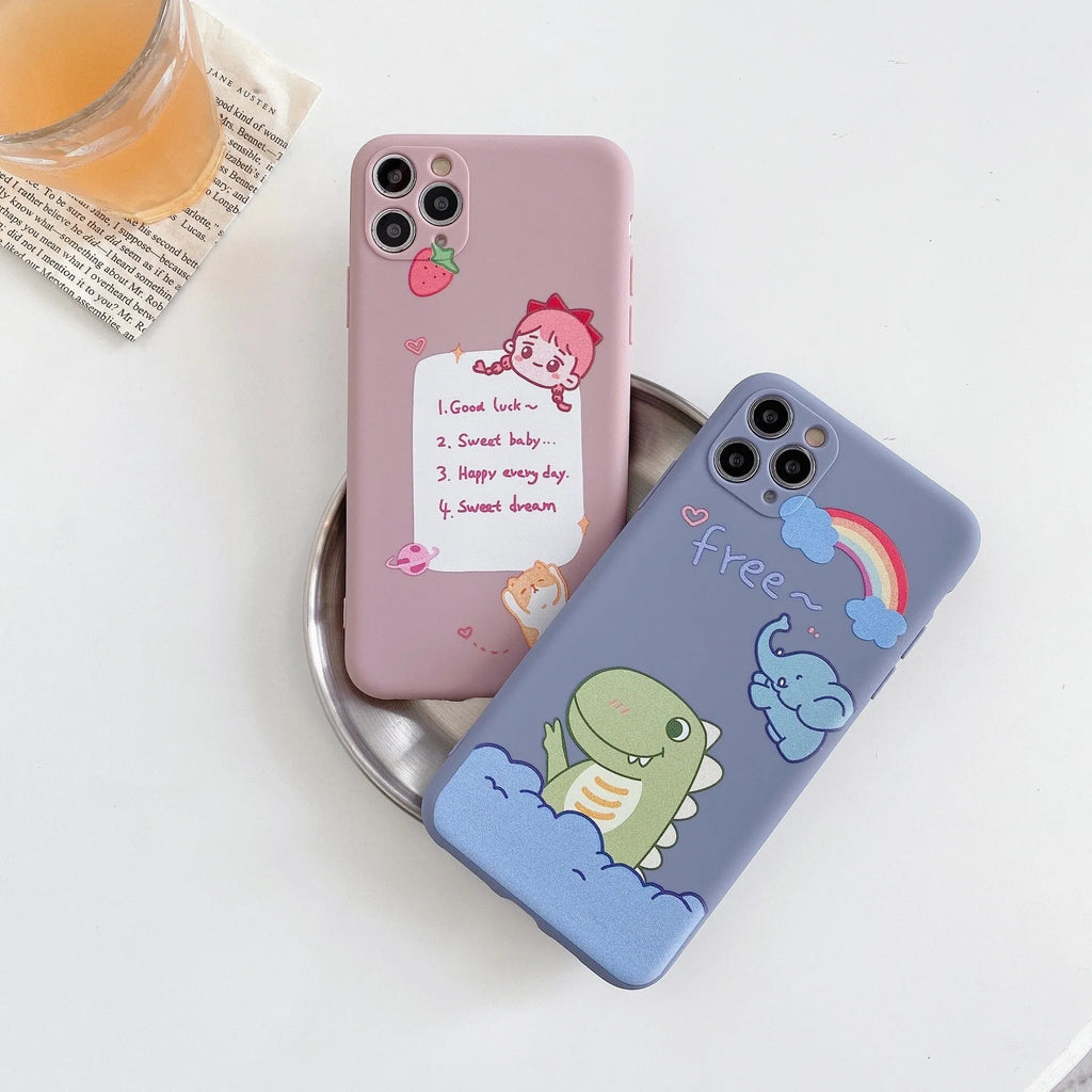 Blue cartoon dinosaur design on a soft TPU silicone case for an iPhone.