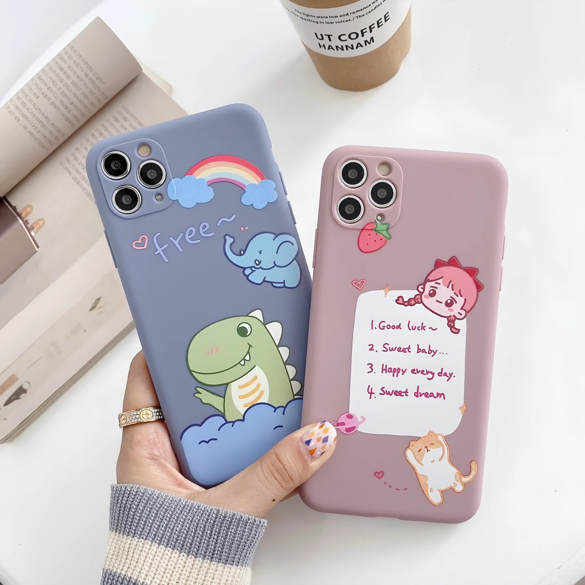 Blue cartoon dinosaur design on a soft TPU silicone case for an iPhone.