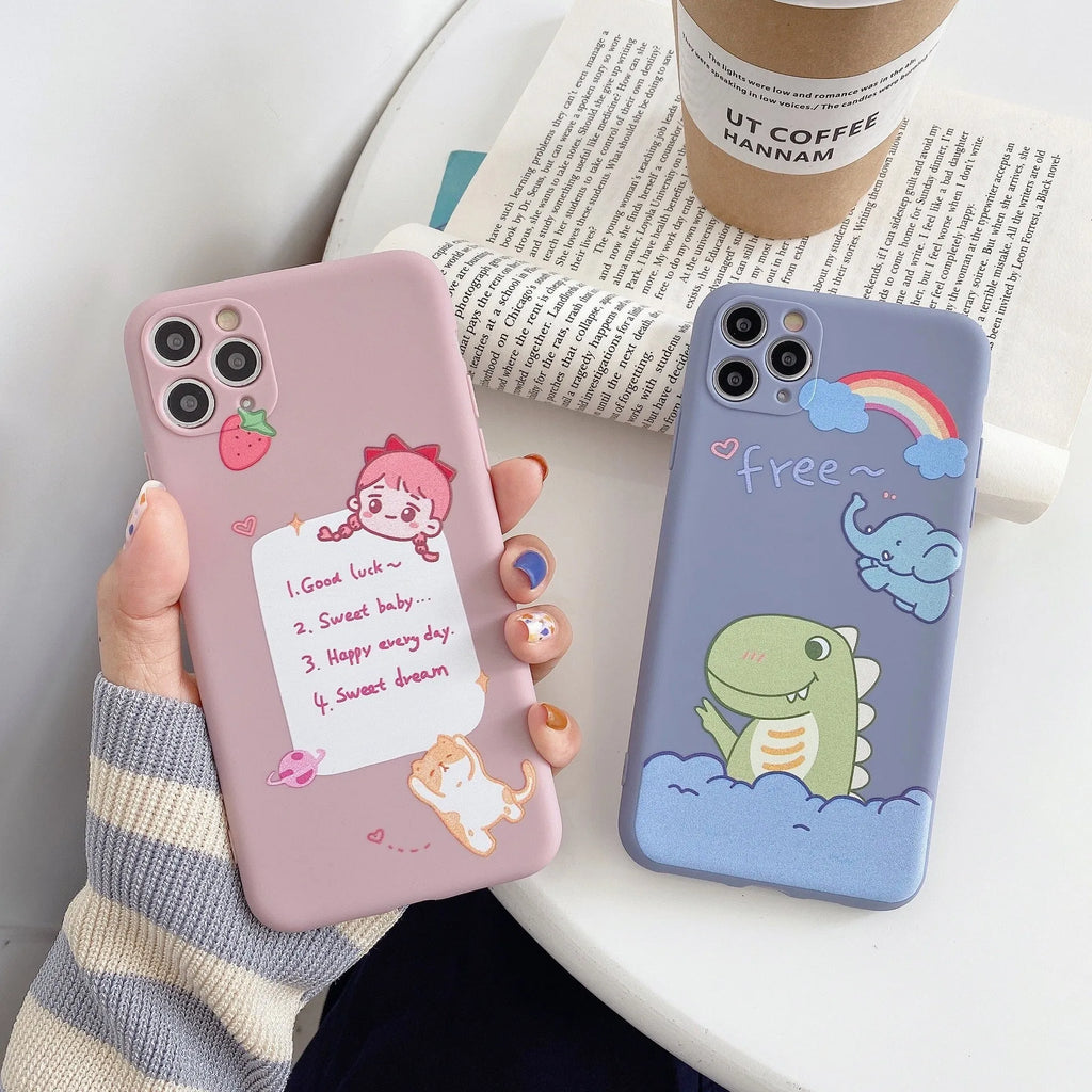 Blue cartoon dinosaur design on a soft TPU silicone case for an iPhone.