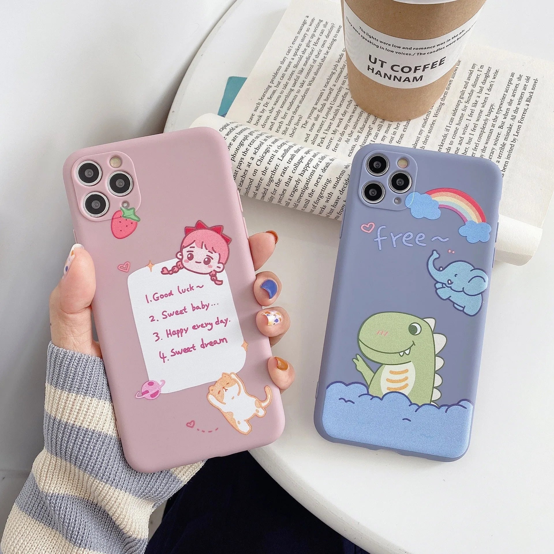 Blue cartoon dinosaur design on a soft TPU silicone case for an iPhone.