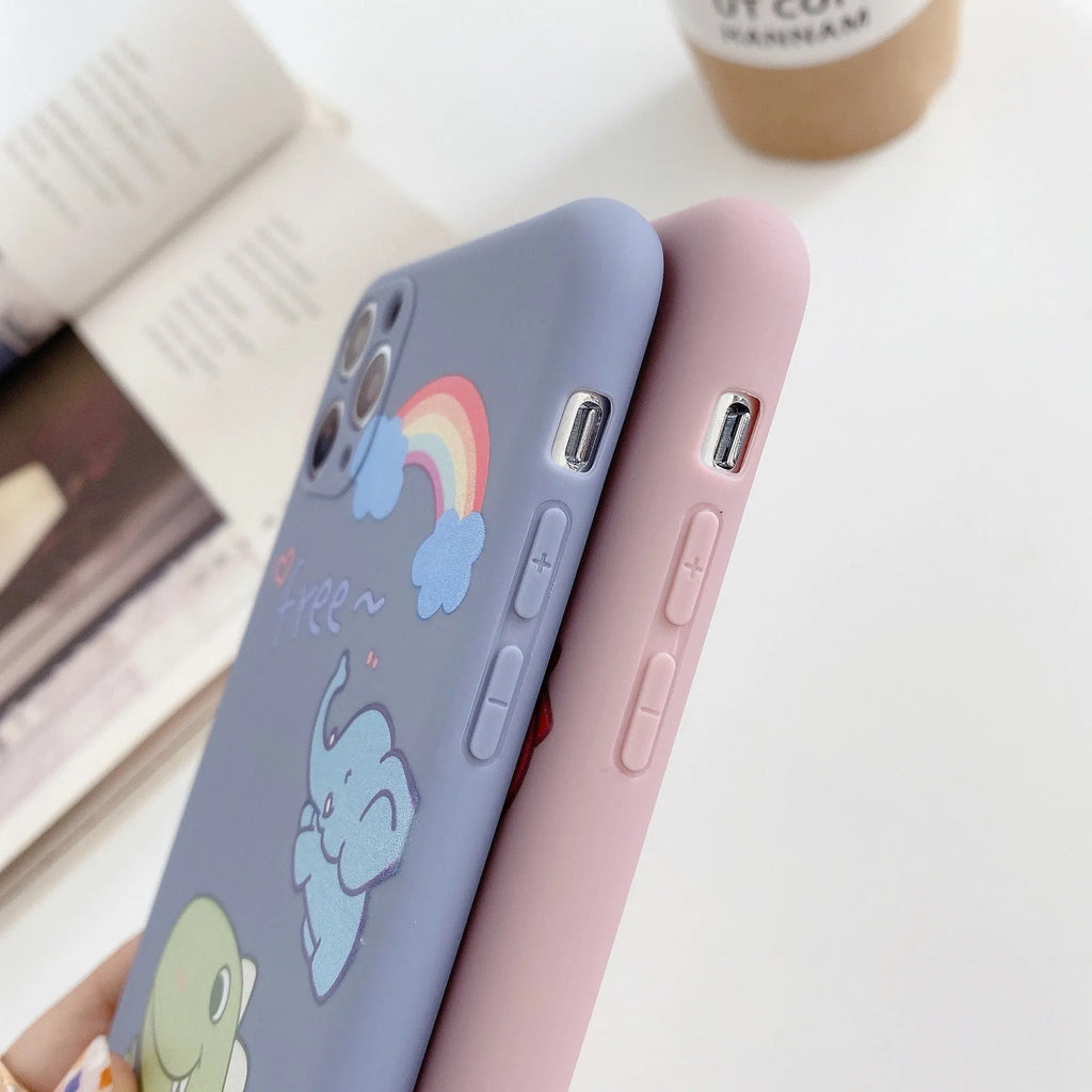 Blue cartoon dinosaur design on a soft TPU silicone case for an iPhone.