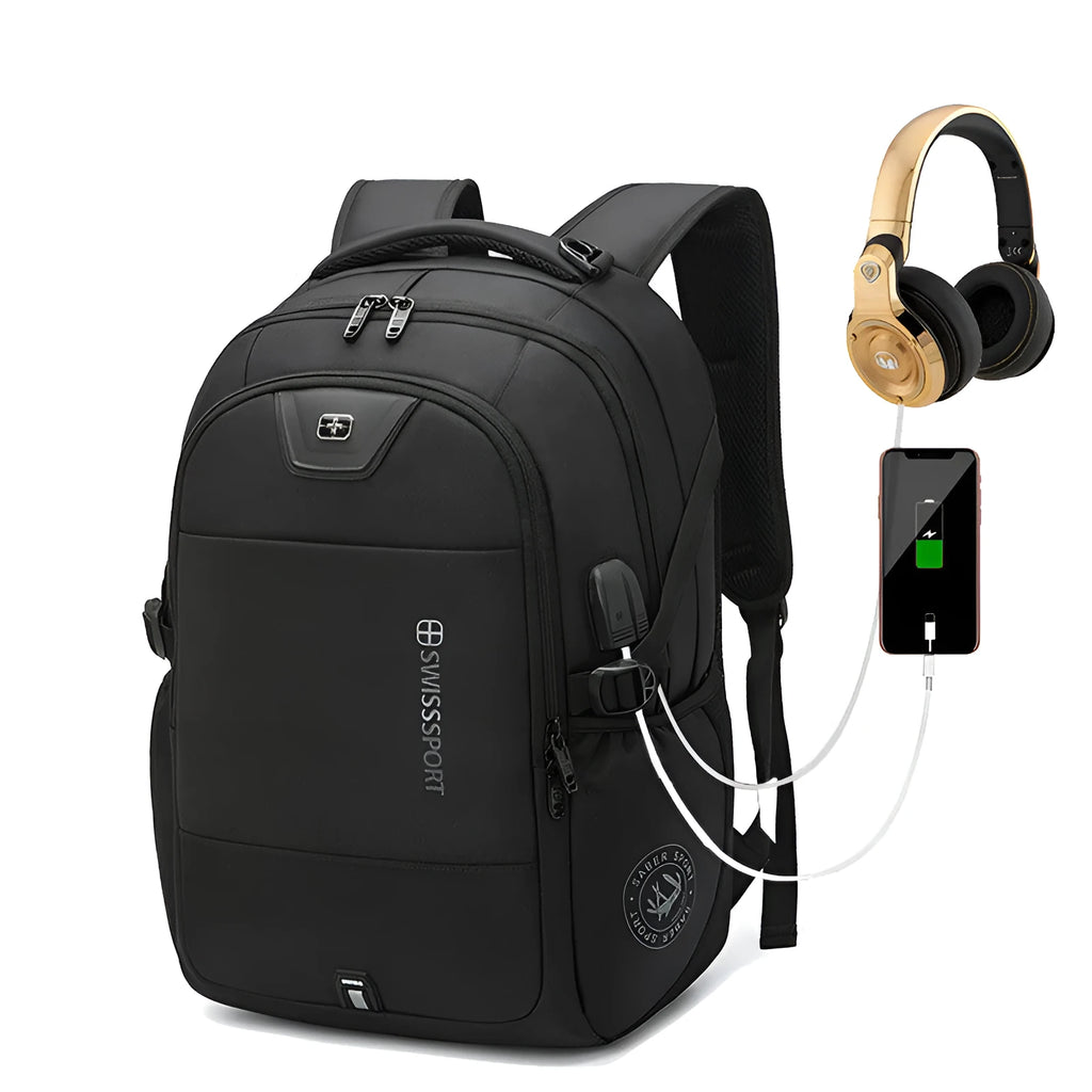 Black nylon backpack with USB port, padded laptop pocket for 15-17 inch, and anti-theft compartments