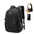Black nylon backpack with USB port, padded laptop pocket for 15-17 inch, and anti-theft compartments