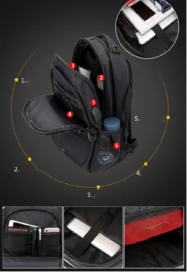 Black nylon backpack with USB port, padded laptop pocket for 15-17 inch, and anti-theft compartments