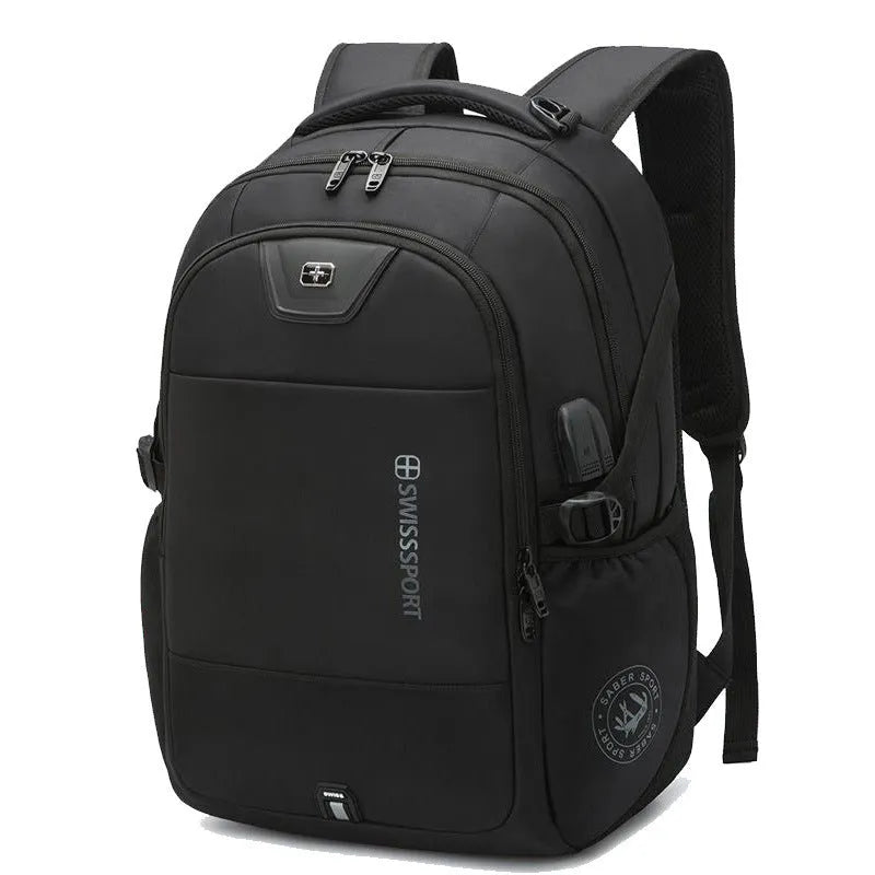 Black nylon backpack with USB port, padded laptop pocket for 15-17 inch, and anti-theft compartments