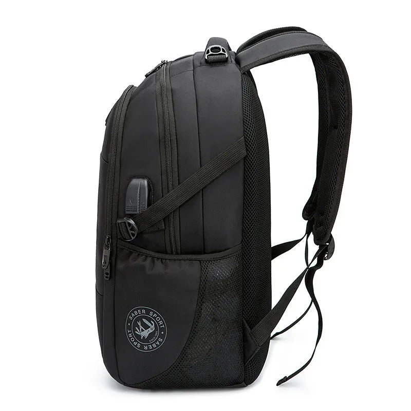 Black nylon backpack with USB port, padded laptop pocket for 15-17 inch, and anti-theft compartments