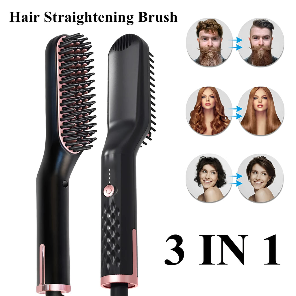 3-in-1 hair styling comb straightener and curler with tourmaline ceramic heat conductor 10 temperature settings black pink colour UK plug