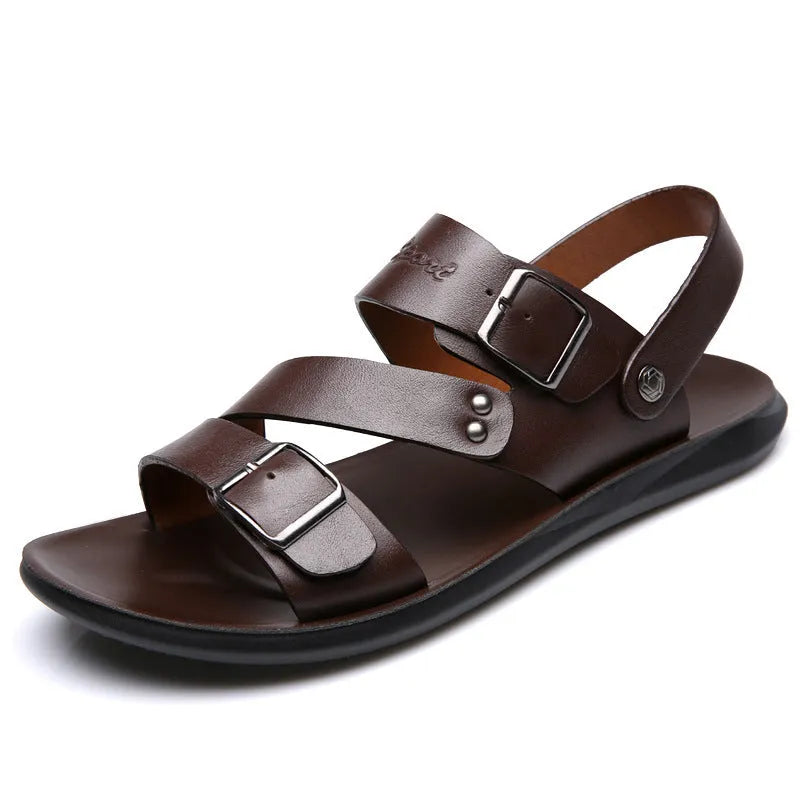 Pair of men's casual leather sandals with buckle fastening and open toe, shown in black or brown.