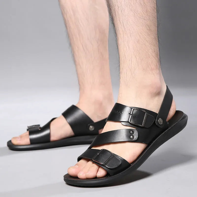 Pair of men's casual leather sandals with buckle fastening and open toe, shown in black or brown.