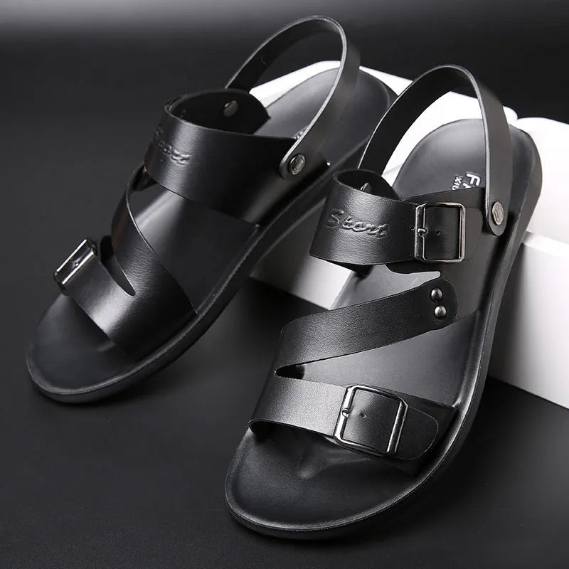 Pair of men's casual leather sandals with buckle fastening and open toe, shown in black or brown.