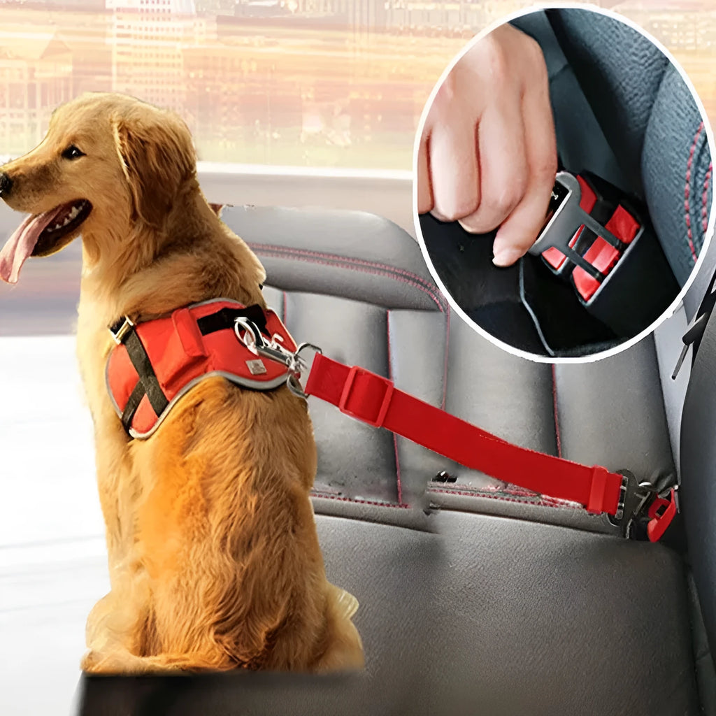Adjustable pet car seat belt with nylon strap and metal clip on car seat