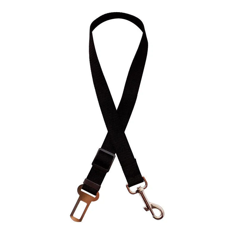 Adjustable pet car seat belt with nylon strap and metal clip on car seat