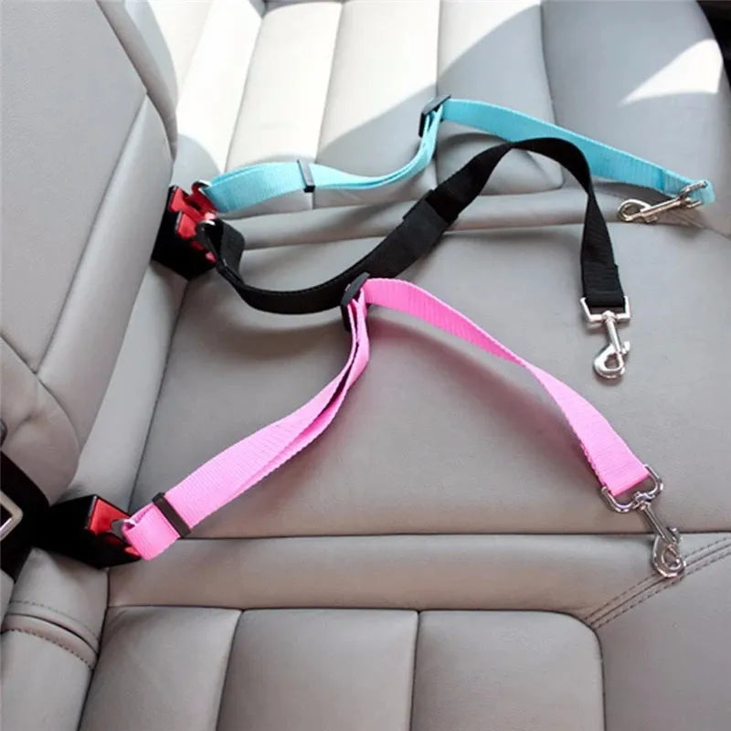 Adjustable pet car seat belt with nylon strap and metal clip on car seat