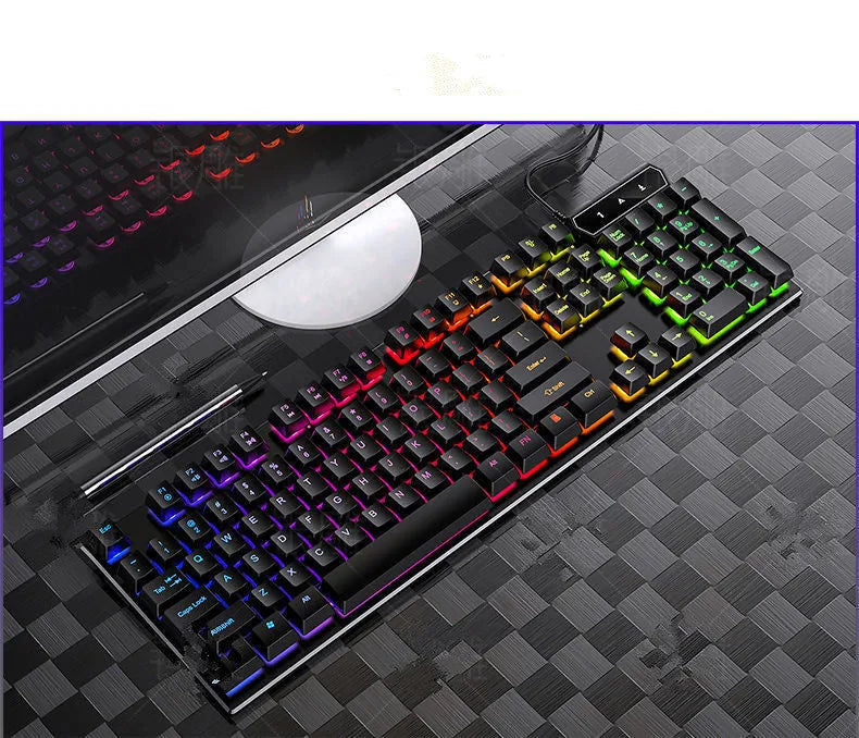 Wired computer keyboard and mouse set with gaming-style design on desk