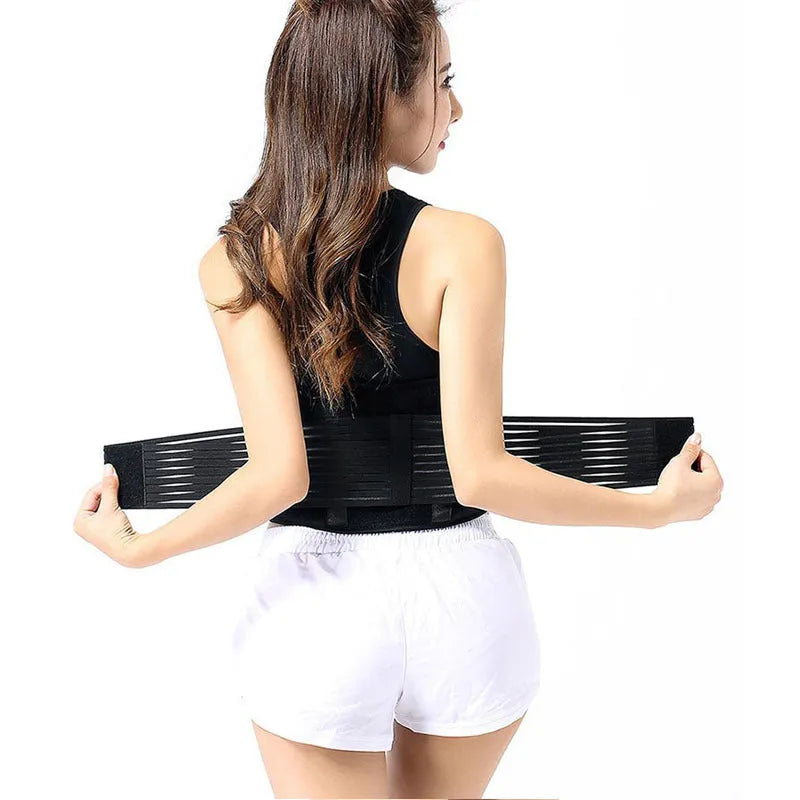 Black self-heating magnetic waist support belt fastened around a model's lower back.