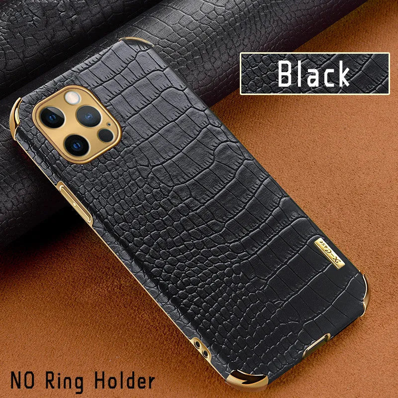 Crocodile pattern imitation leather back cover case for Apple iPhone in black, green, red, yellow, or white.