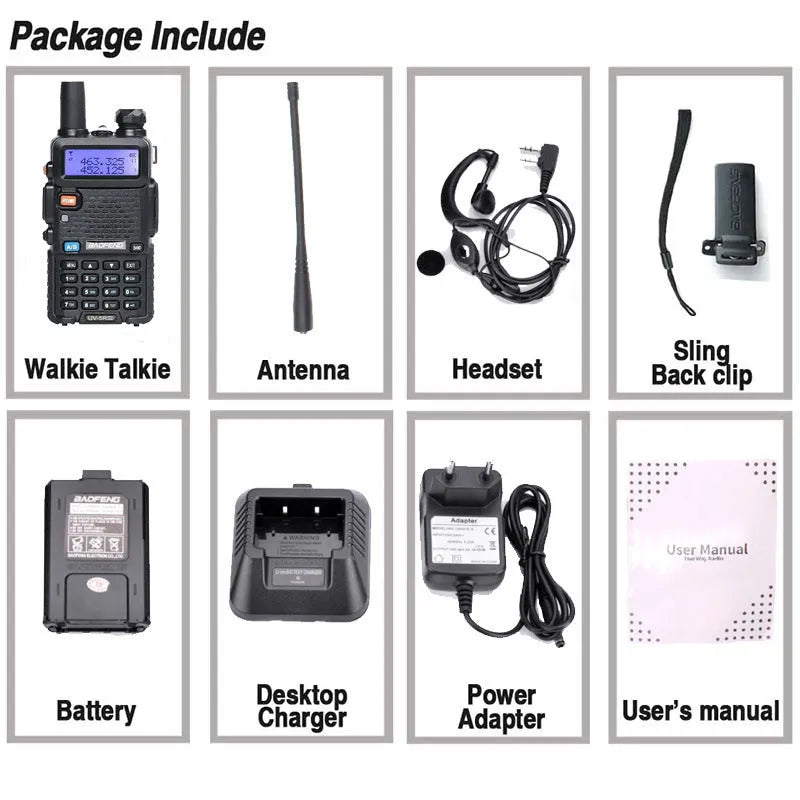 Baofeng UV-5R three segment walkie talkie black with dual antenna and 128 channels