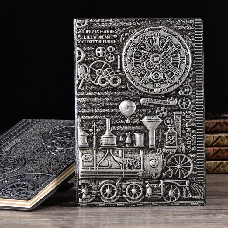 European relief retro notepad with embossed leather cover in green bronze, showing open pages.