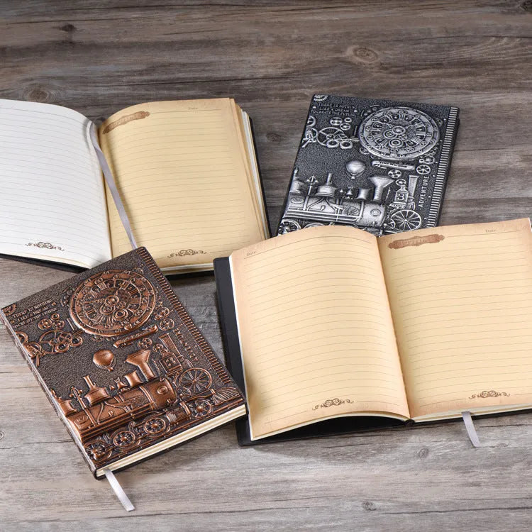 European relief retro notepad with embossed leather cover in green bronze, showing open pages.