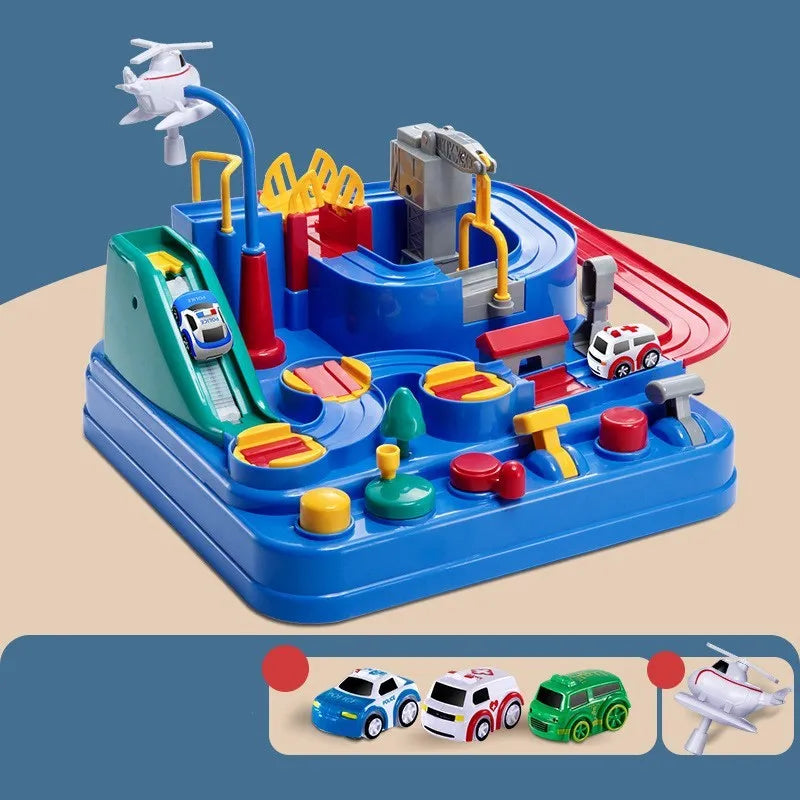 Children's car parking lot toy with crane, conveyor belt, and multiple vehicles including police car and ambulance