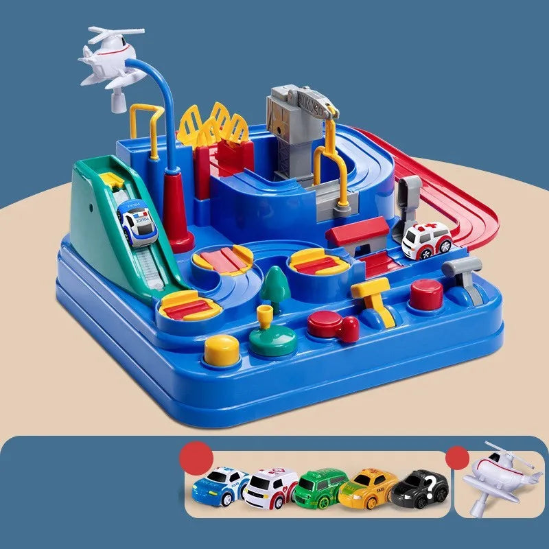 Children's car parking lot toy with crane, conveyor belt, and multiple vehicles including police car and ambulance