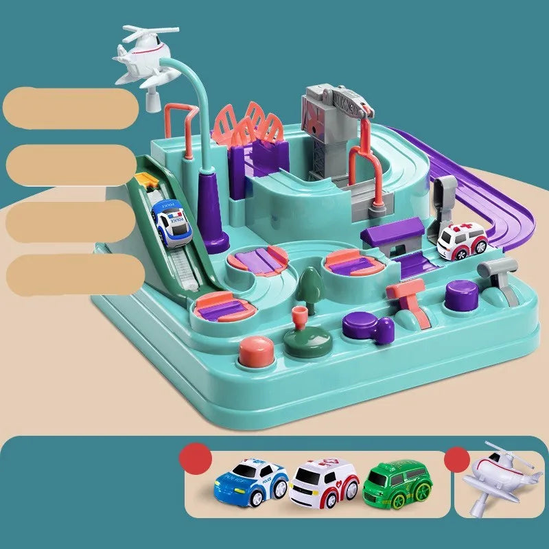 Children's car parking lot toy with crane, conveyor belt, and multiple vehicles including police car and ambulance