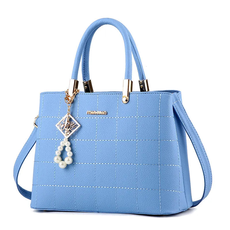 Medium women's PU handbag with hair ball charm, zip top, soft handle, horizontal square shape, eight colours