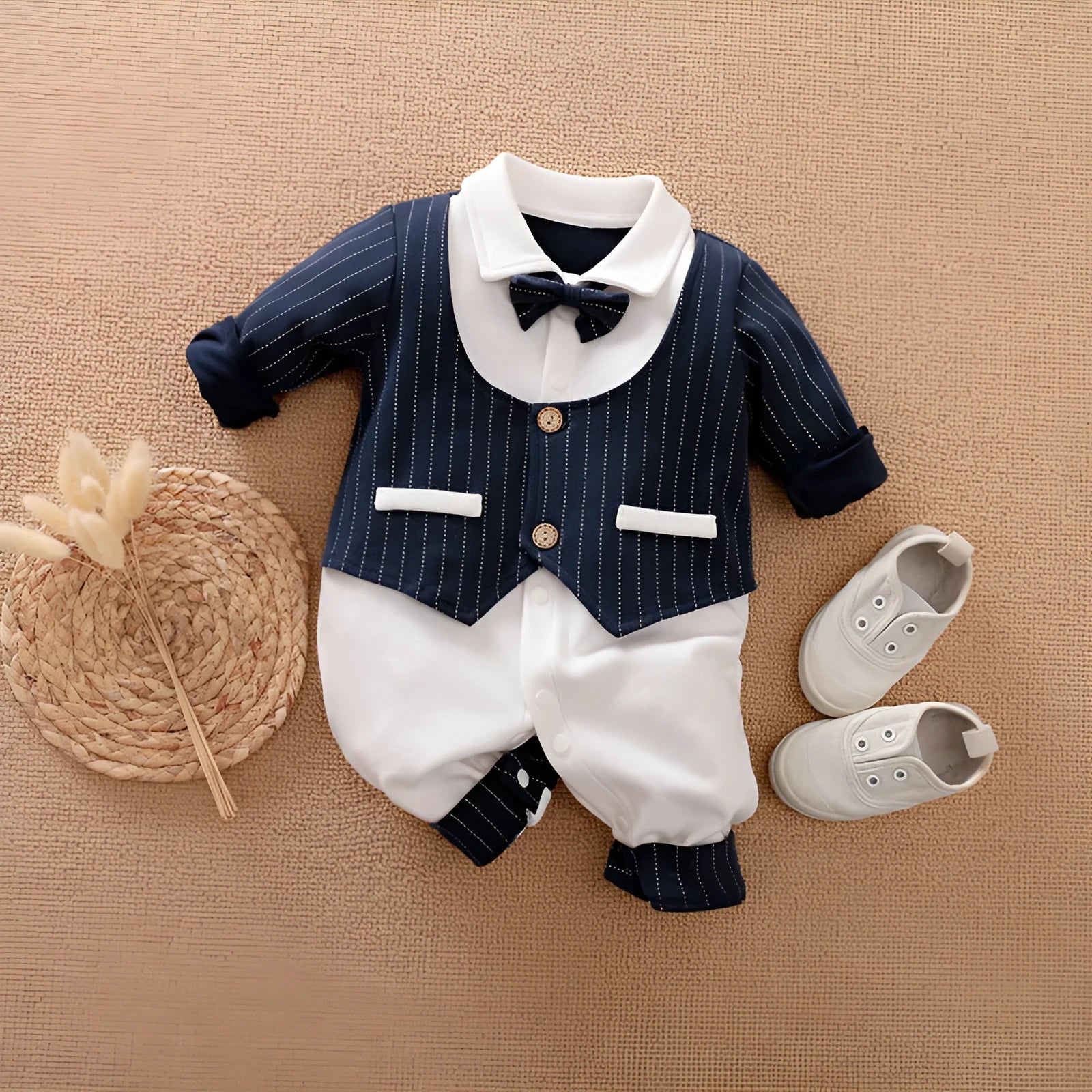 100% cotton baby jumpsuit romper with long sleeves in gentleman style for spring and autumn infant wear