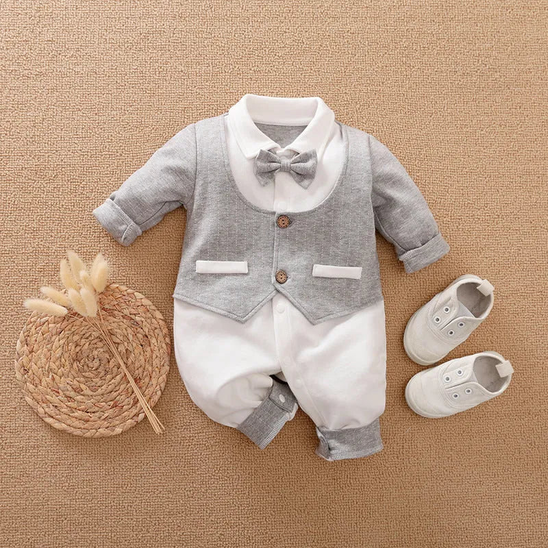 100% cotton baby jumpsuit romper with long sleeves in gentleman style for spring and autumn infant wear