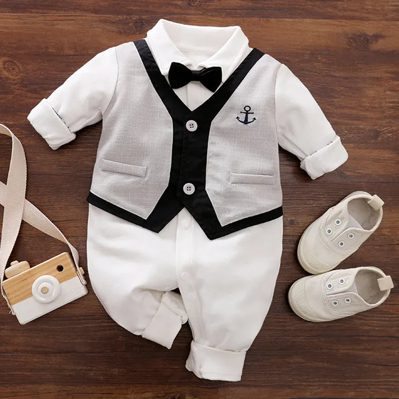 100% cotton baby jumpsuit romper with long sleeves in gentleman style for spring and autumn infant wear