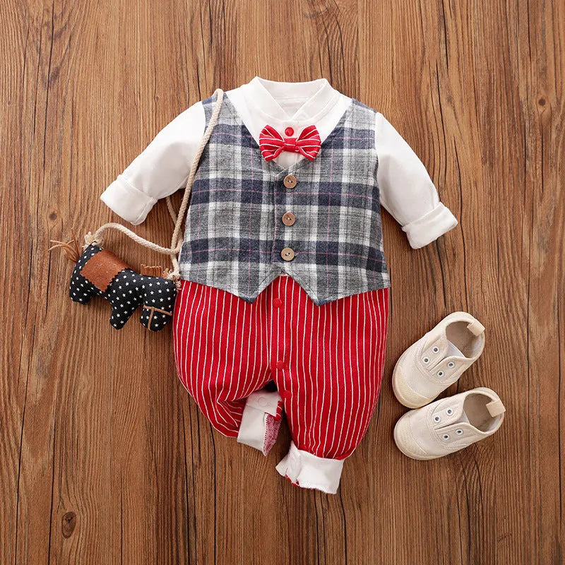 100% cotton baby jumpsuit romper with long sleeves in gentleman style for spring and autumn infant wear