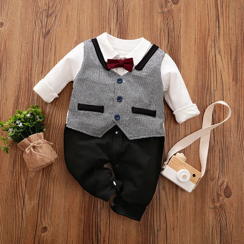 100% cotton baby jumpsuit romper with long sleeves in gentleman style for spring and autumn infant wear