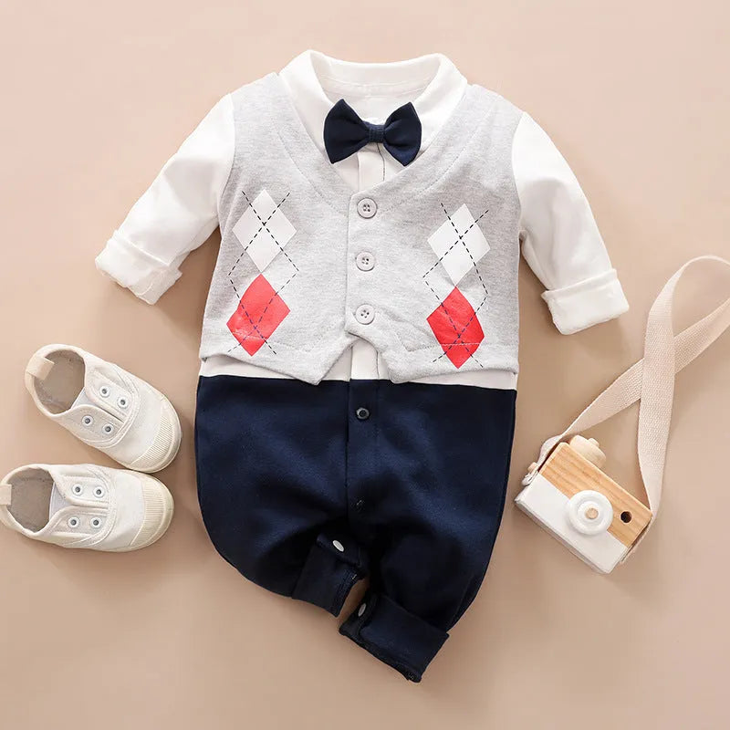 100% cotton baby jumpsuit romper with long sleeves in gentleman style for spring and autumn infant wear