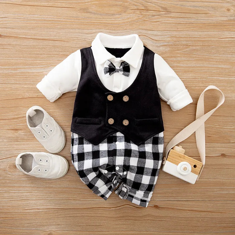 100% cotton baby jumpsuit romper with long sleeves in gentleman style for spring and autumn infant wear