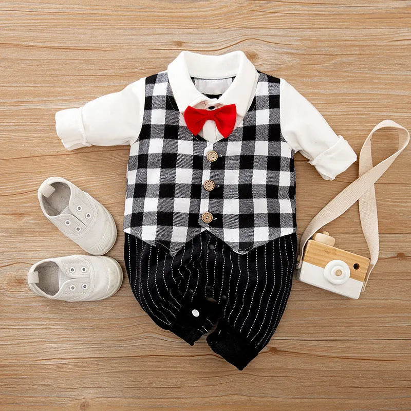 100% cotton baby jumpsuit romper with long sleeves in gentleman style for spring and autumn infant wear