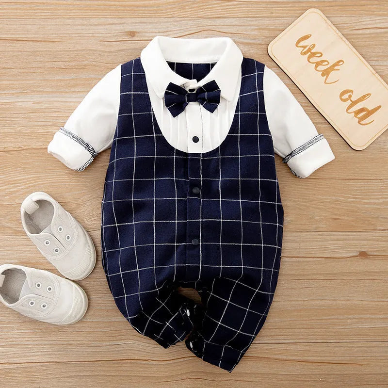 100% cotton baby jumpsuit romper with long sleeves in gentleman style for spring and autumn infant wear