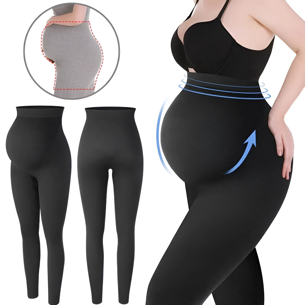 Black cotton maternity leggings with high waistband, shown on a hanger.