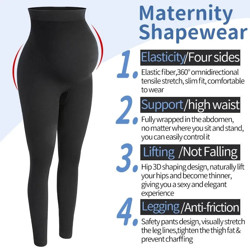 Black cotton maternity leggings with high waistband, shown on a hanger.
