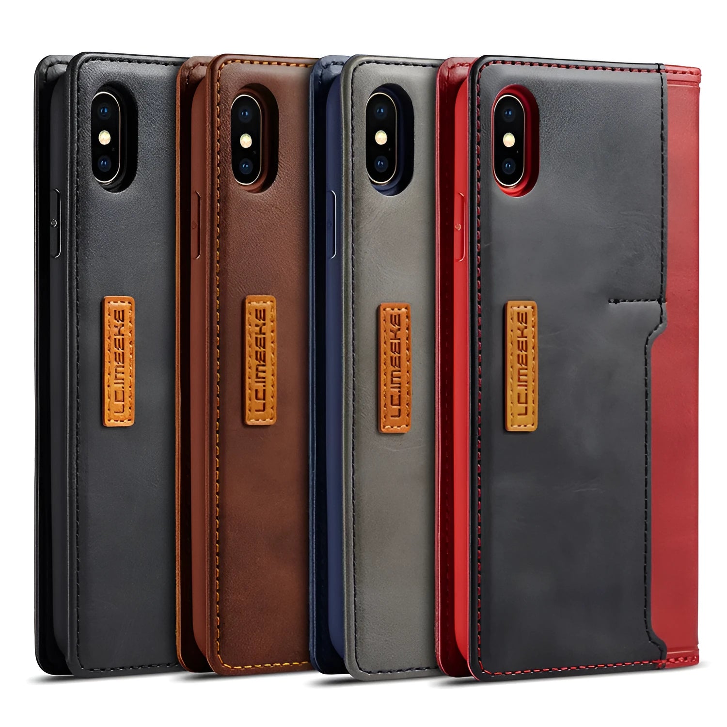 Flip-style leather and PU wallet case for iPhone showing interior card slots and magnetic closure.