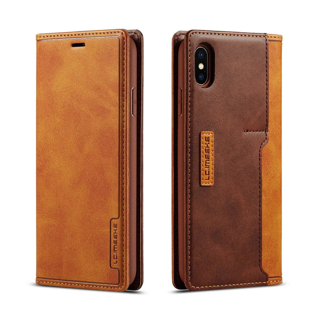 Flip-style leather and PU wallet case for iPhone showing interior card slots and magnetic closure.
