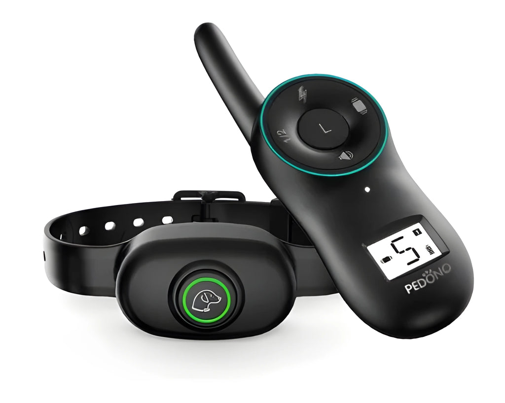 Black rechargeable remote dog training collar with waterproof receiver unit and handheld transmitter.