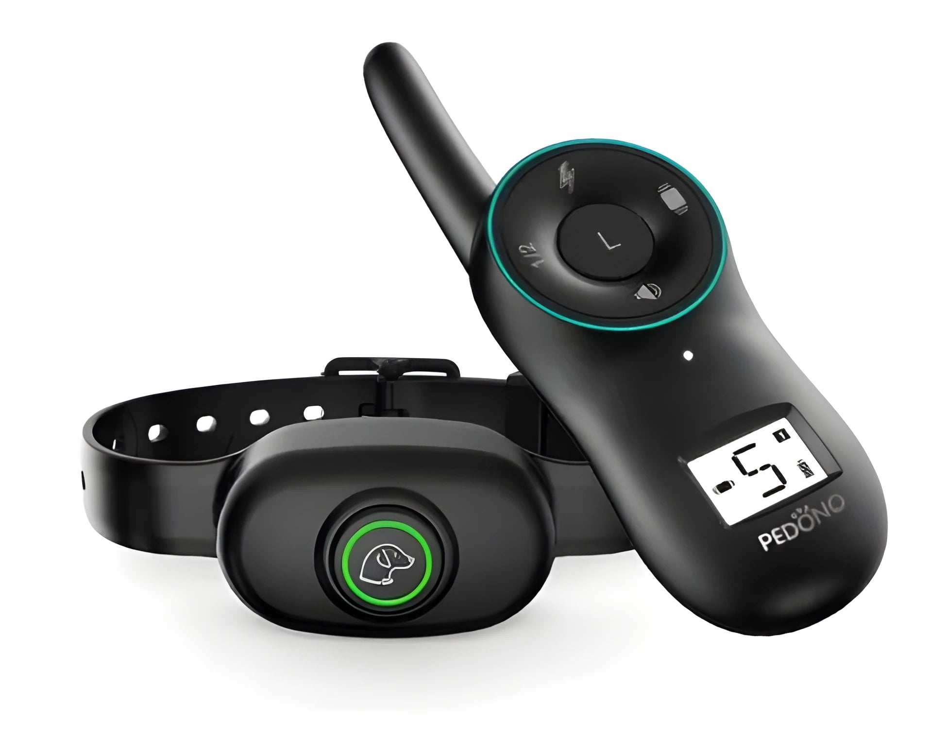 Black rechargeable remote dog training collar with waterproof receiver unit and handheld transmitter.